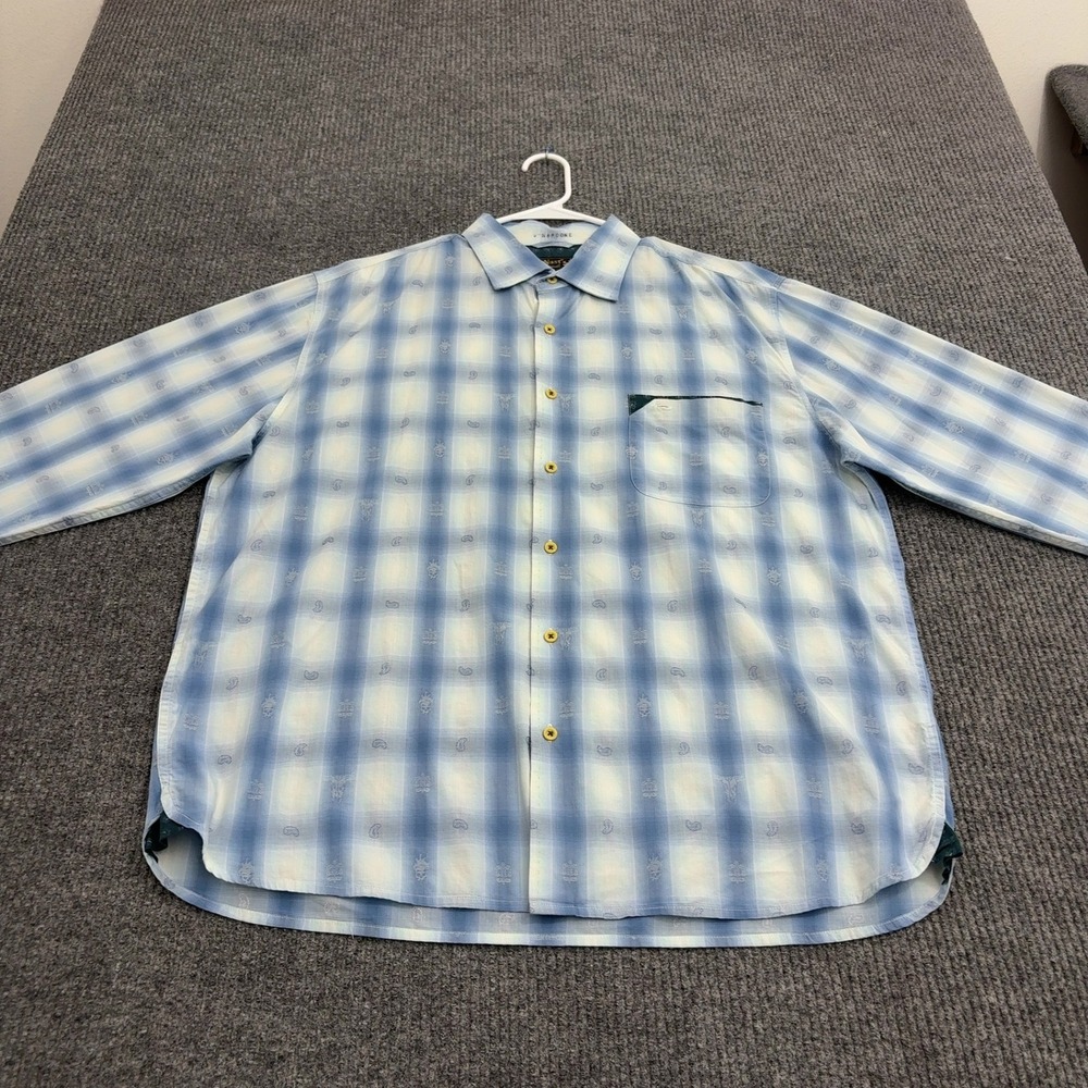 Nat Nast Button Down Shirt Mens L Blue Cotton Plaid Paisley Embroidered Casual